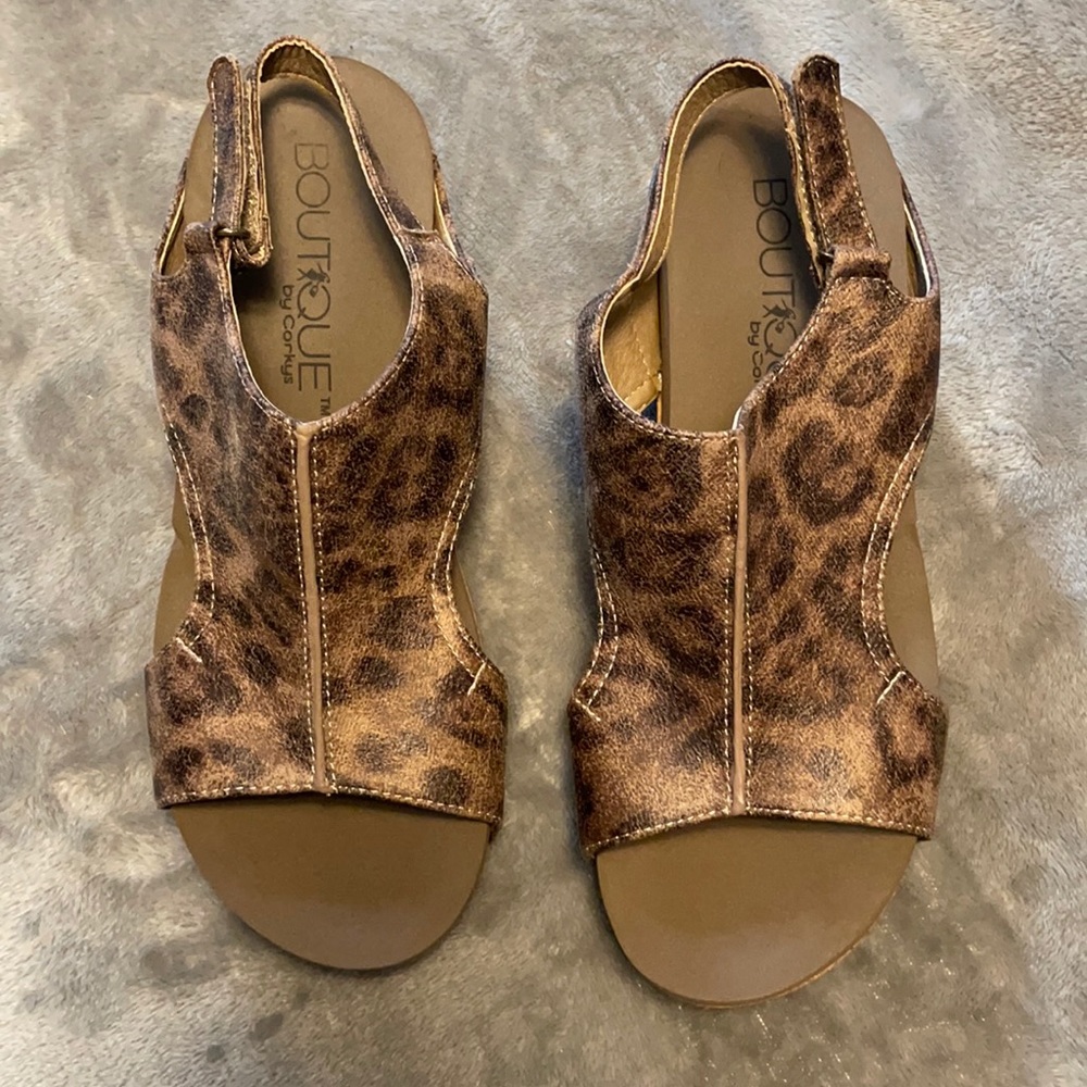 Leopard print Boutique by Corkys wedge sandals.